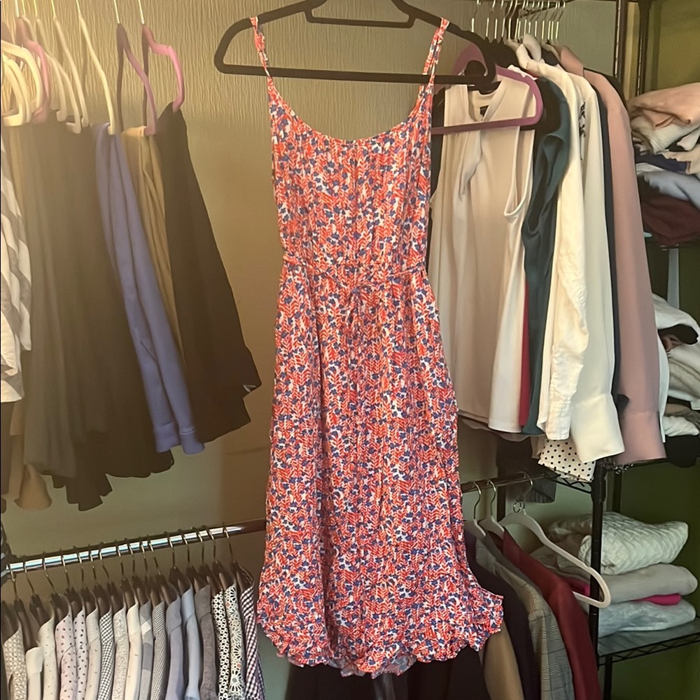 J. Crew Red, White & Blue Spaghetti Strap Midi Dress